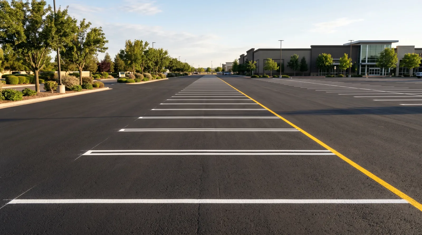 Freshly striped empty commercial parking lot with crisp white stall lines and a yellow fire-lane stripe on dark asphalt in afternoon light