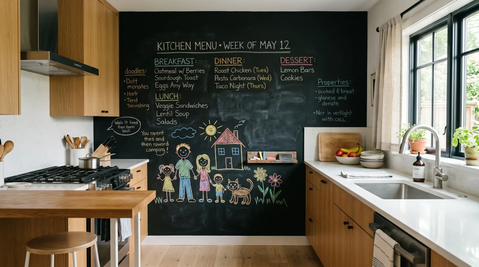 Bright kitchen with a black chalkboard-painted accent wall covered in handwritten menu items and chalk drawings, with a chalk ledge below