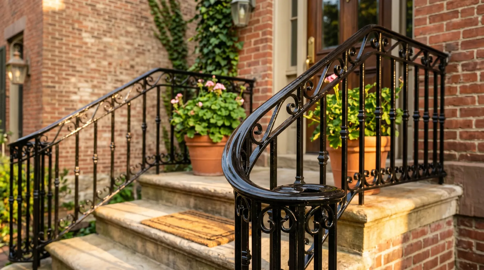Freshly repainted glossy black wrought-iron porch railing catching late-afternoon daylight on a brick front step