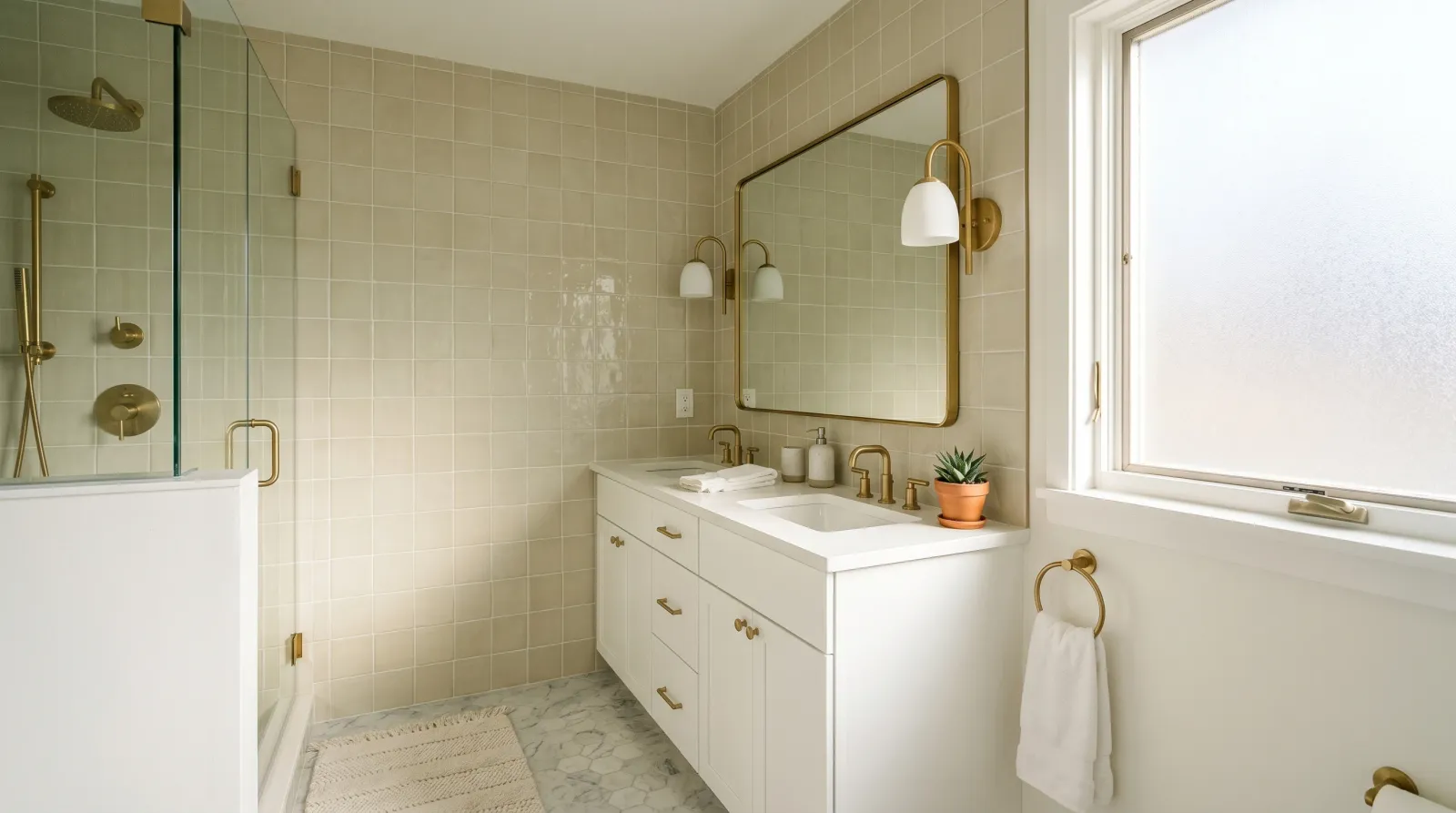 Bright bathroom with freshly repainted white laminate vanity and a smooth painted tile accent wall in soft morning light