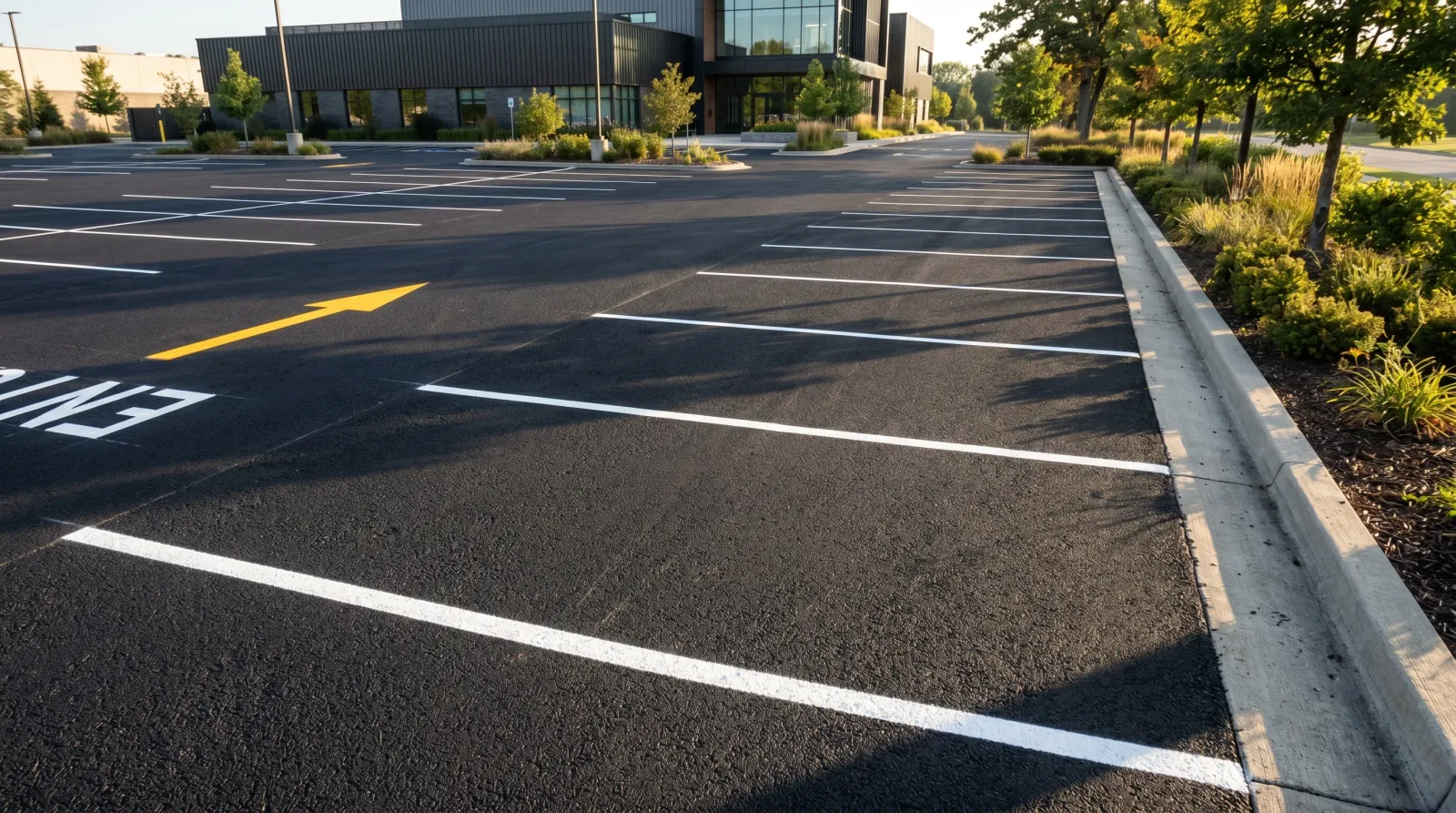 Freshly coated matte-black asphalt lot with crisp white parking-bay lines and a yellow arrow in morning light
