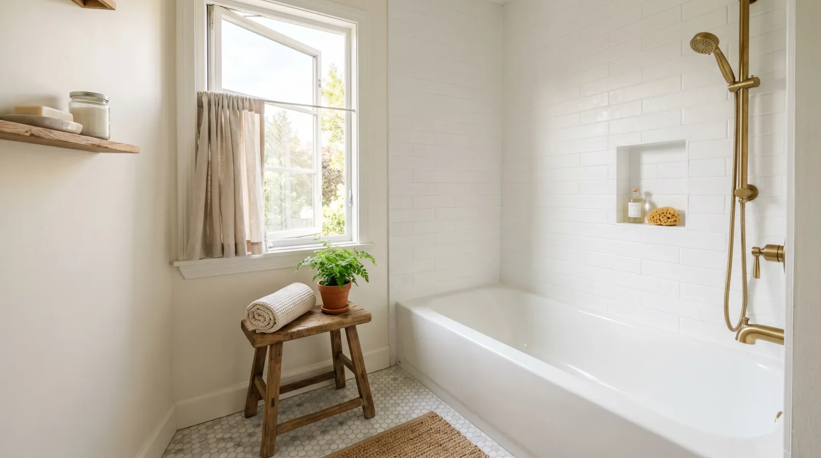 Bright bathroom with a wall of freshly recoated white textured tile around a tub, a window open to let in daylight