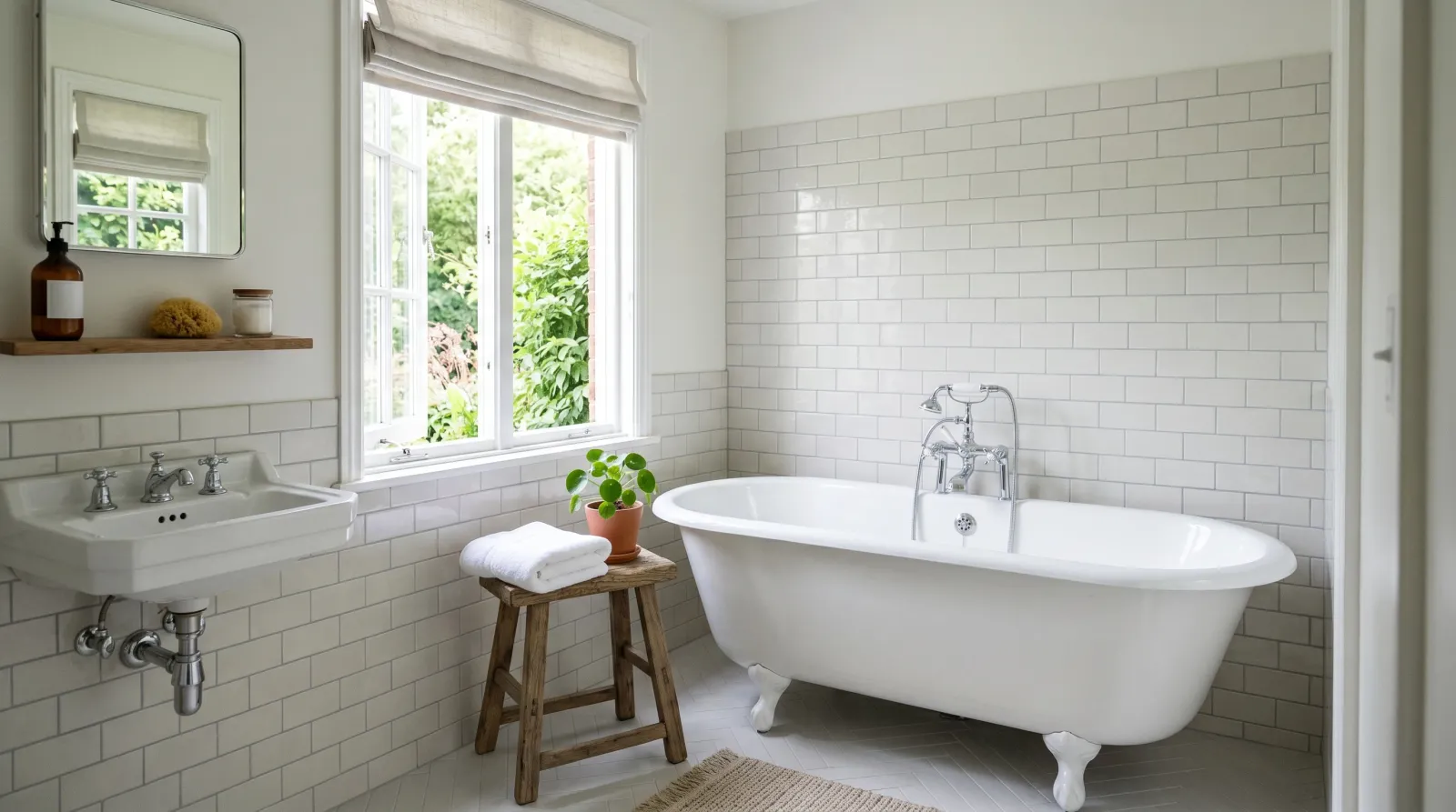 Bright bathroom with a glossy white refinished tub against pale tile, an open window letting in daylight
