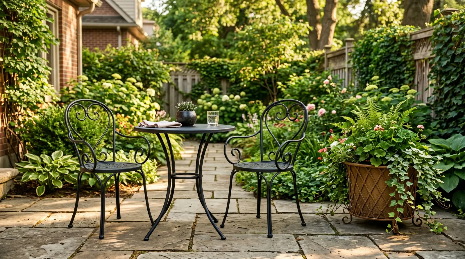 Sunlit patio with a freshly refinished black metal bistro set and a bronze-painted iron planter in late-afternoon light