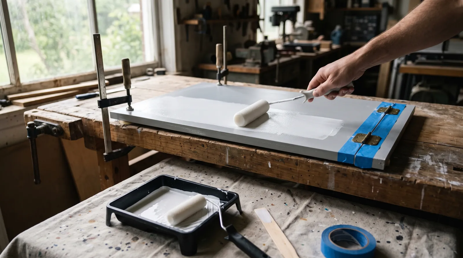 Foam roller coating a slick laminate cabinet door with white bonding primer, hinges masked with painter's tape, in soft workshop daylight
