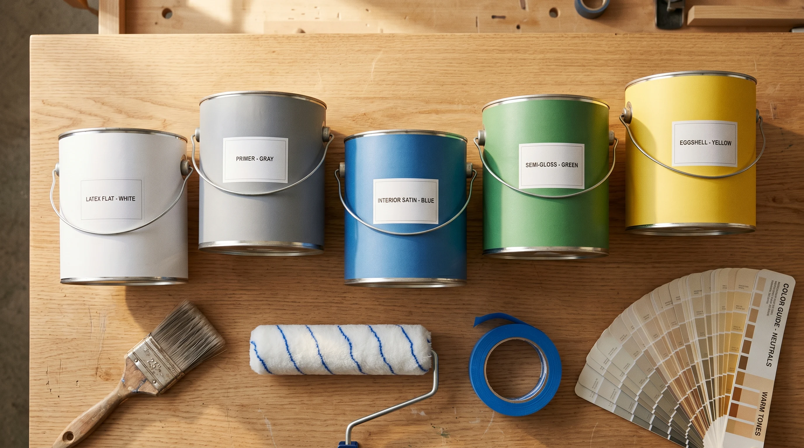 Five paint cans staged on a workbench with a brush, roller cover, painter's tape, and a fan of color-deck strips