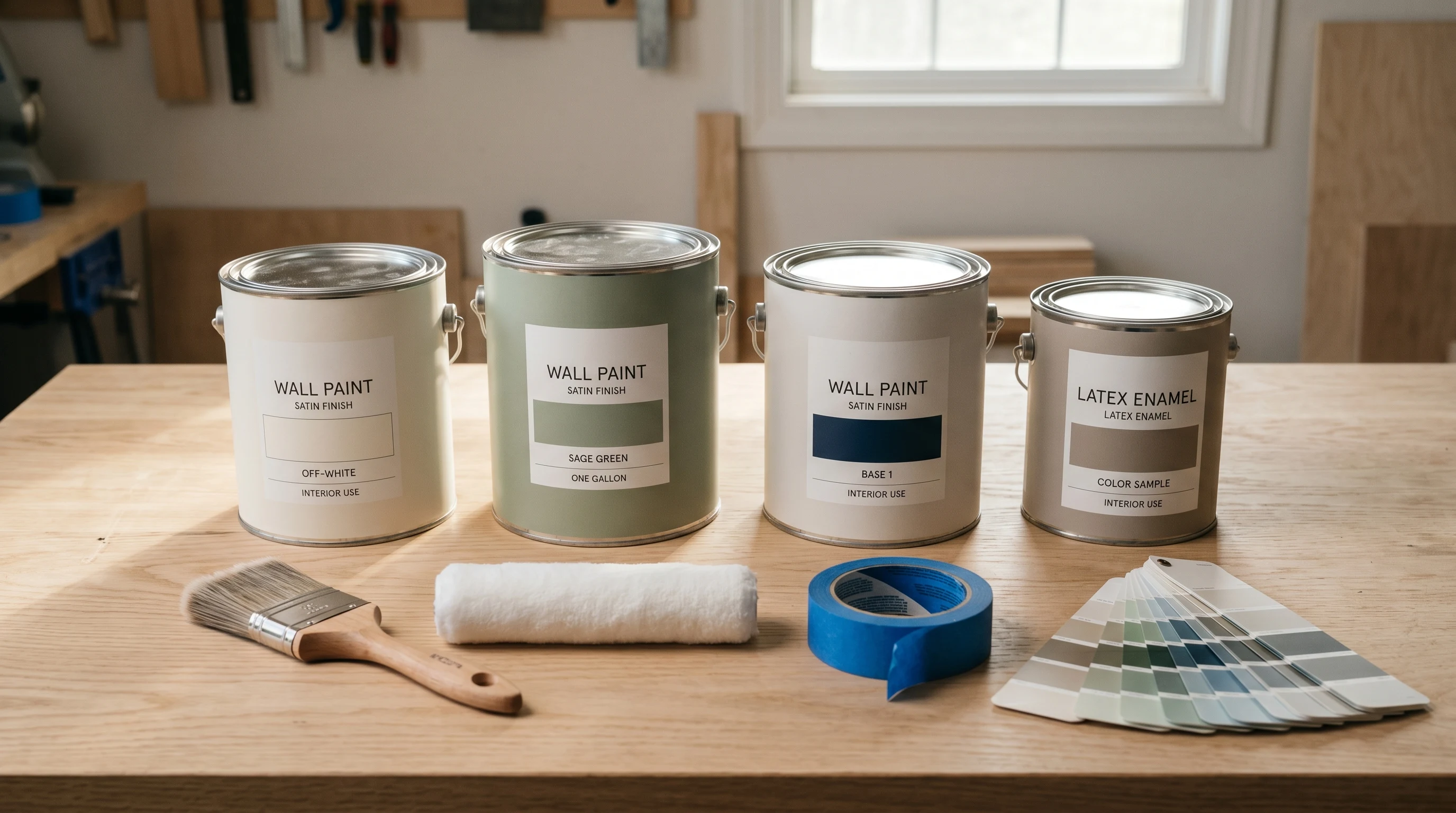 Four paint cans staged on a workbench with a brush, roller cover, painter's tape, and a fan of color-deck strips