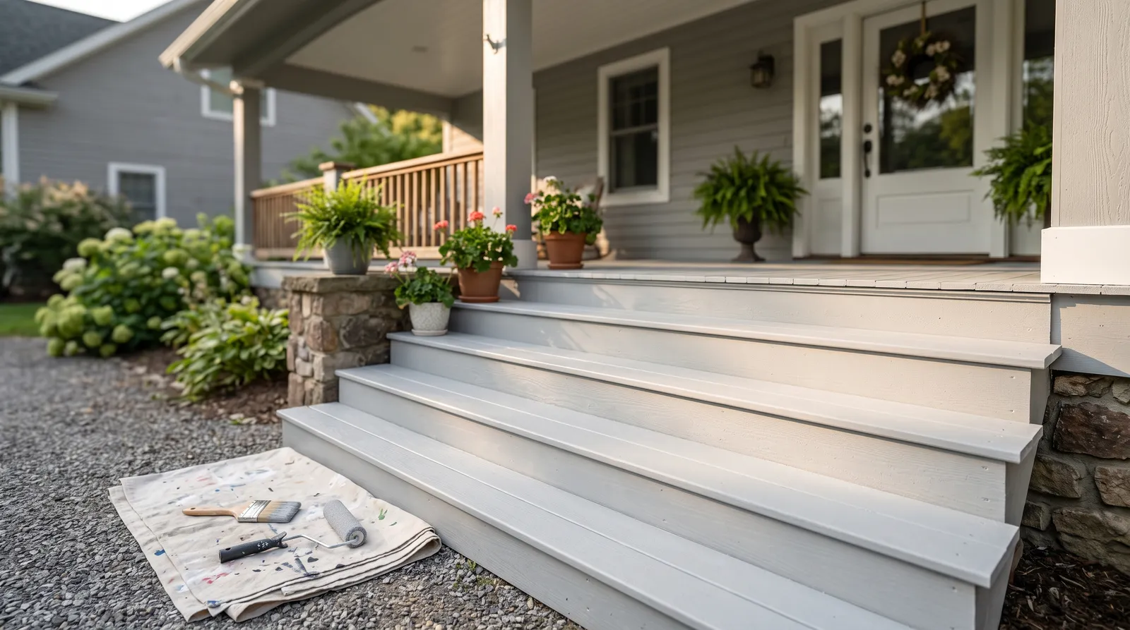 Freshly painted light-gray porch steps with a subtle textured matte finish, morning light raking across the treads, a brush and roller on a drop cloth at the edge