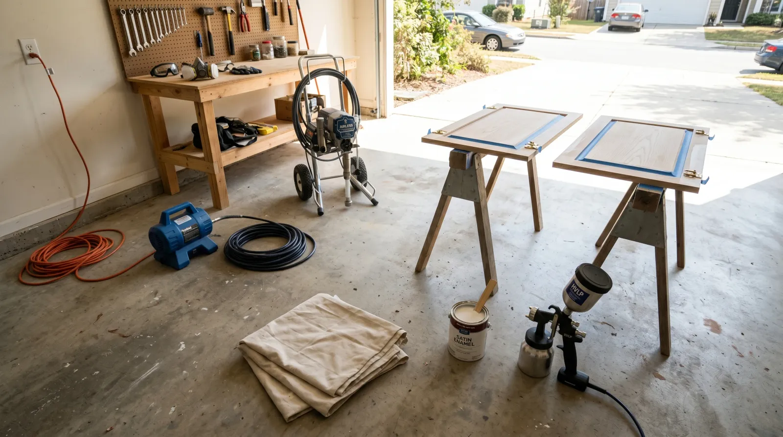 Suburban garage workshop with a handheld HVLP sprayer, turbine-base unit, small airless pump, cabinet doors on sawhorses, drop cloth, and respirator in morning light