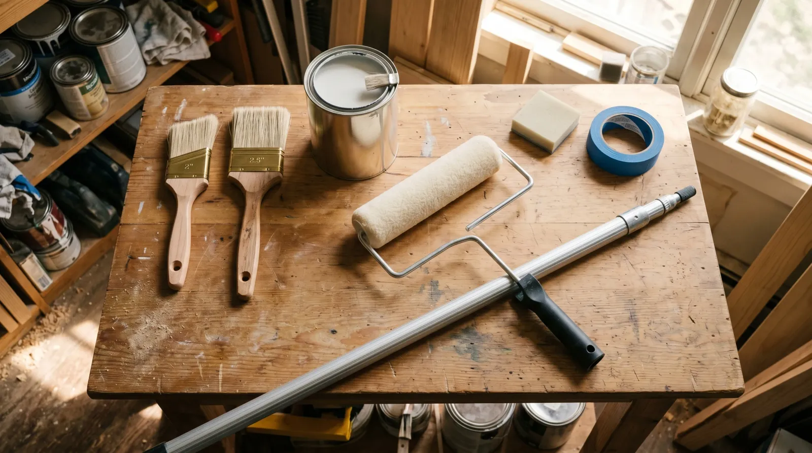 Painter's bench staged with a short-handle sash brush, longer trim brush, roller frame, extension pole, foam pad, and an open quart of trim enamel in warm raking daylight