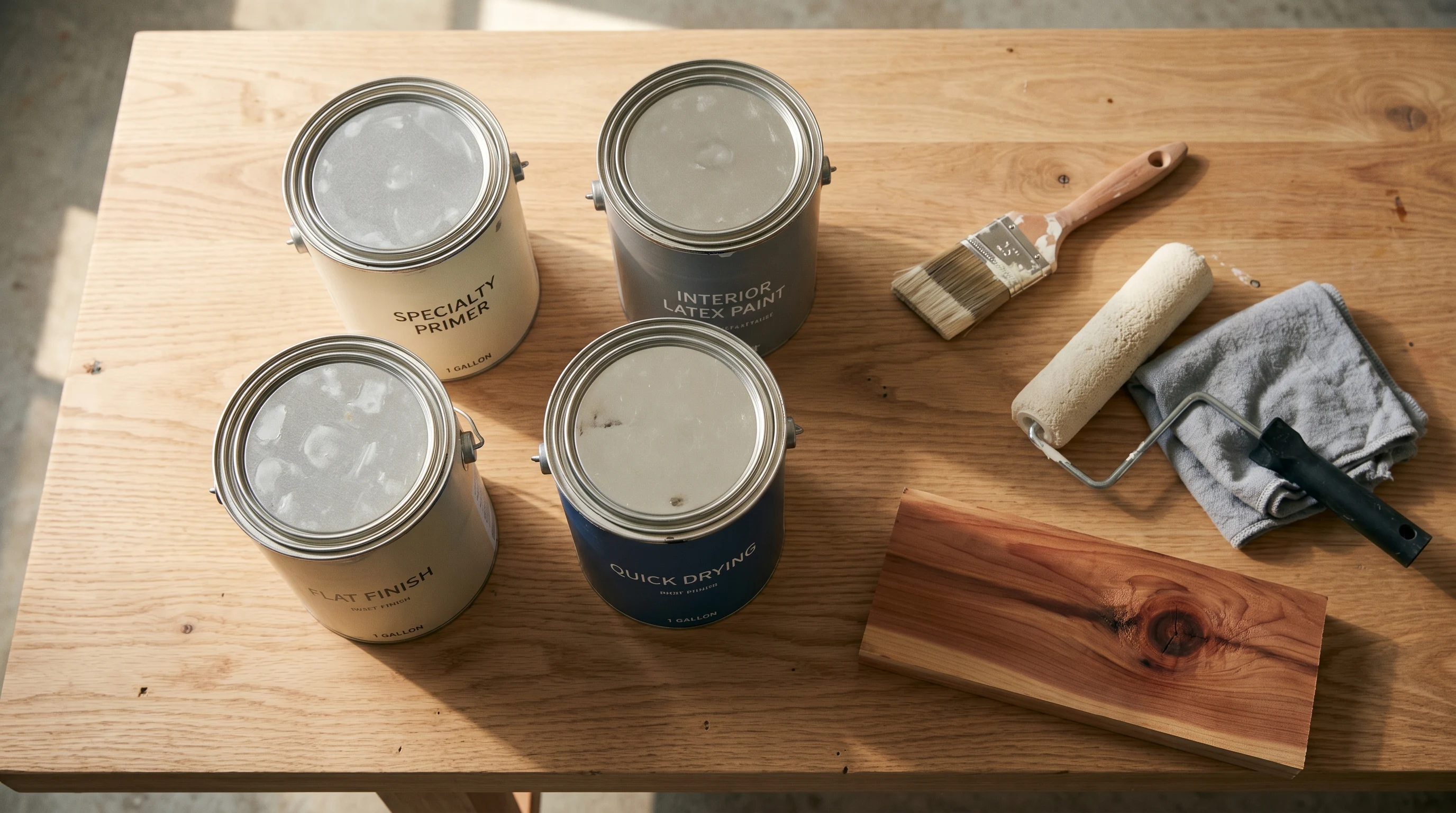 Four specialty primer and interior paint cans on a wood workbench with brush, roller, and a bare cedar offcut showing a knot