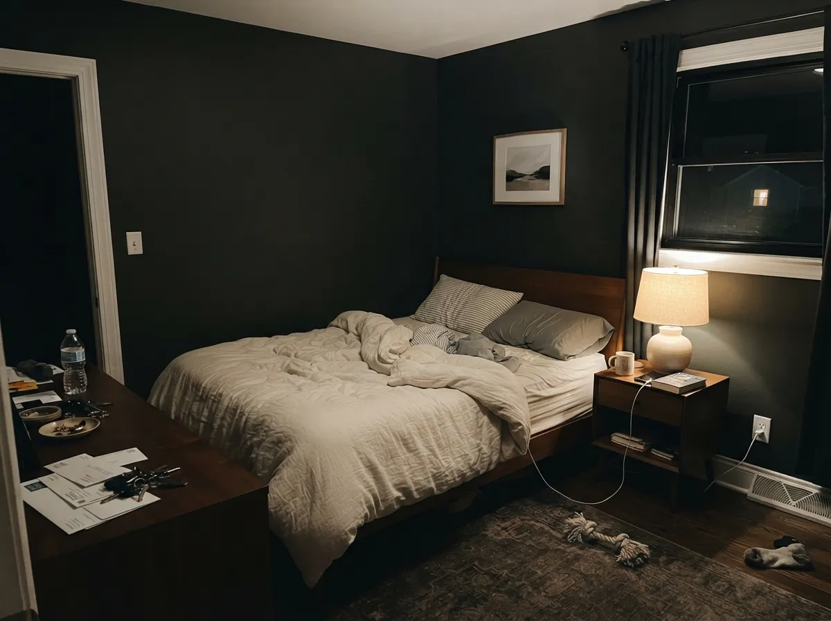By 2700K lamplight the charcoal turns velvety — the evening-bedroom read Bobby Berk was pointing at.