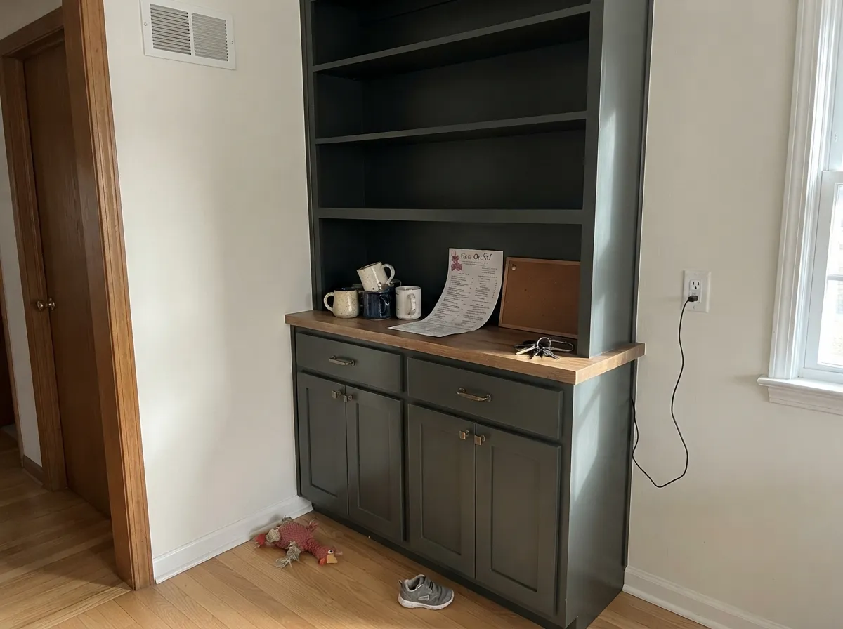 The lower-risk version: semi-gloss After Hours on built-ins, where the charcoal looks custom and four walls are not on the line.
