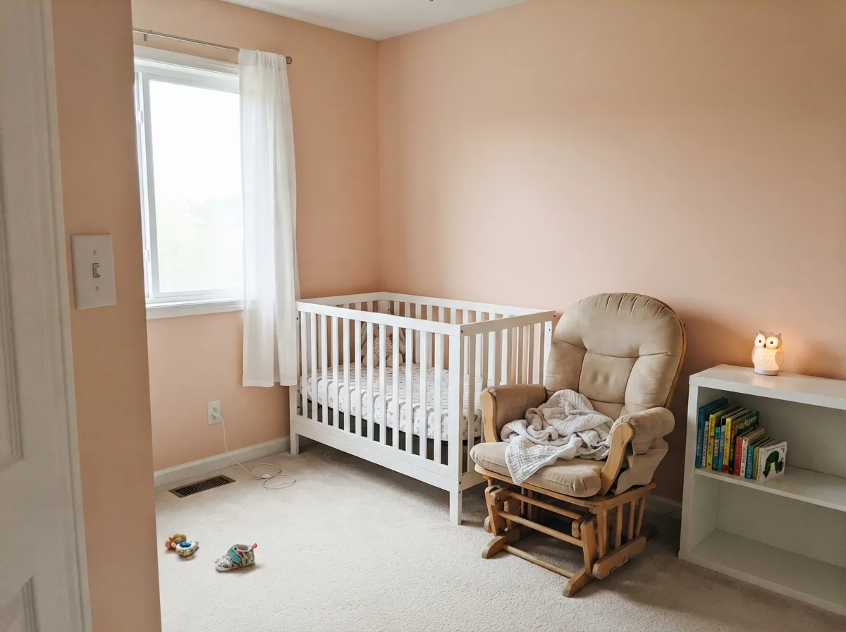 Soft enough for a nursery without reading as candy pink — white furniture keeps it grounded.