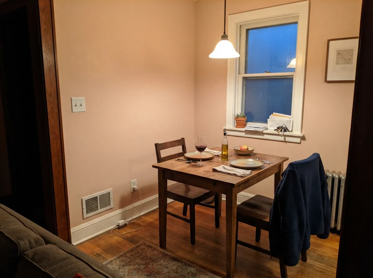 Under a warm pendant it flatters the table the way old-school dining rooms used blush and terracotta on purpose.