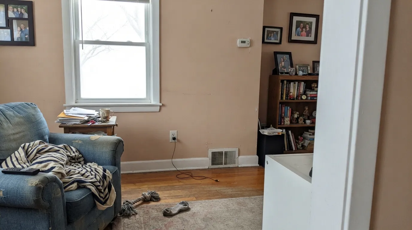 The honest shot: cool north light and a too-bright trim white drain the warmth and leave a dated, dusty mauve — the exact pairing behind most of the color's complaints.