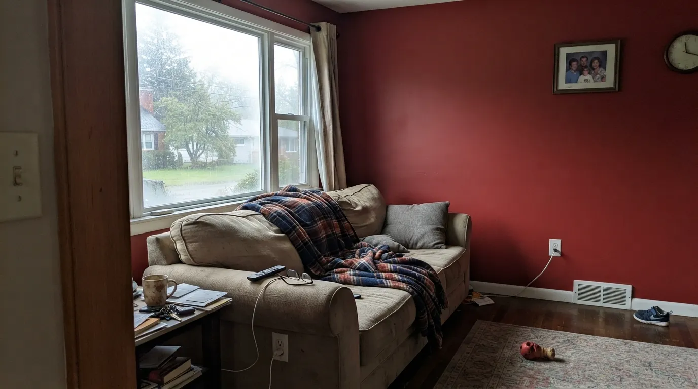 The honest shot: flat north daylight with no warm light drains the red into a dull, muddy oxblood-brown. This is the light and the wall-count that disappoints.