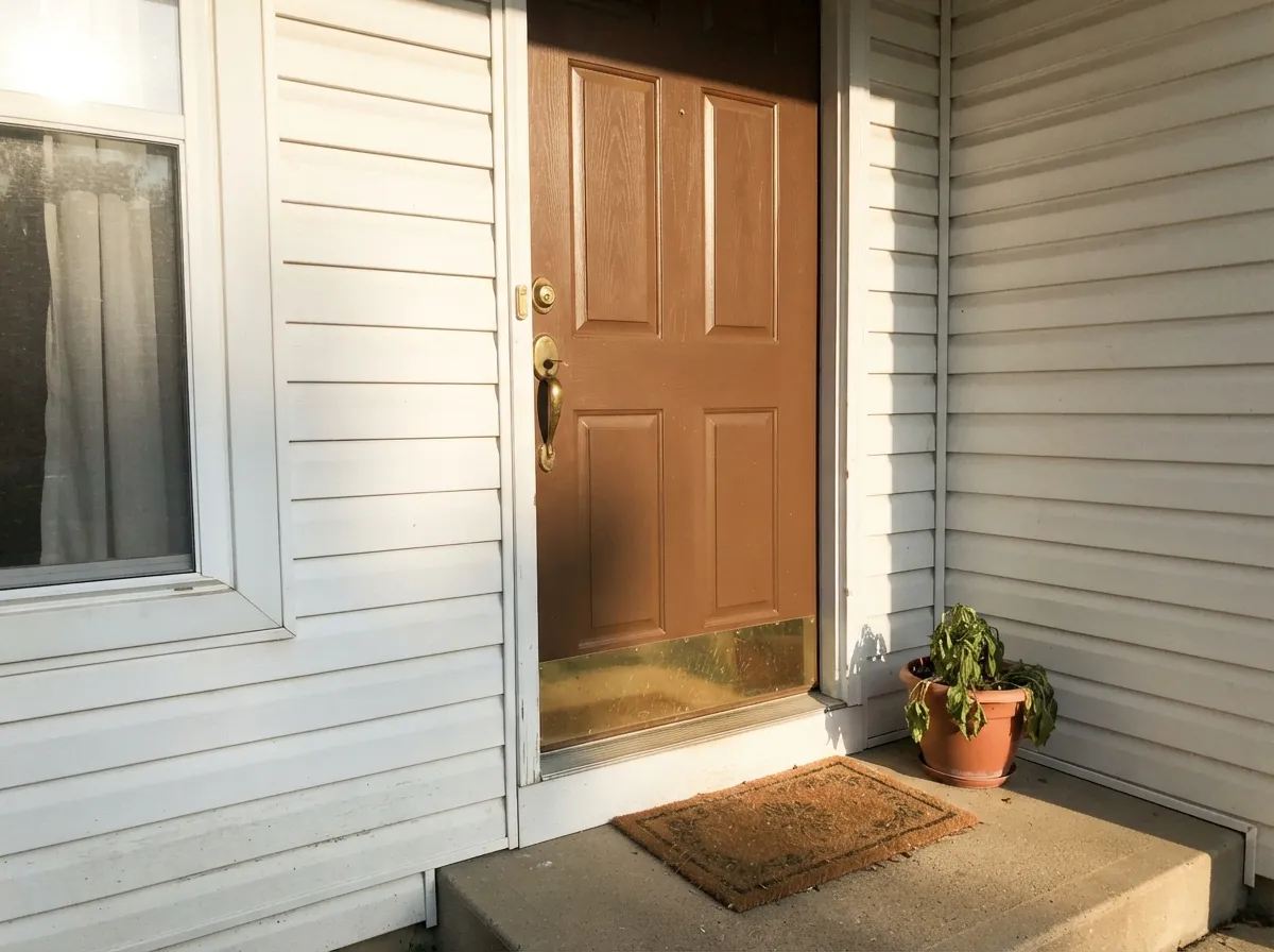 In full sun the door reads a rich cognac-brown, not the flat chip color — this is the light that sells it.