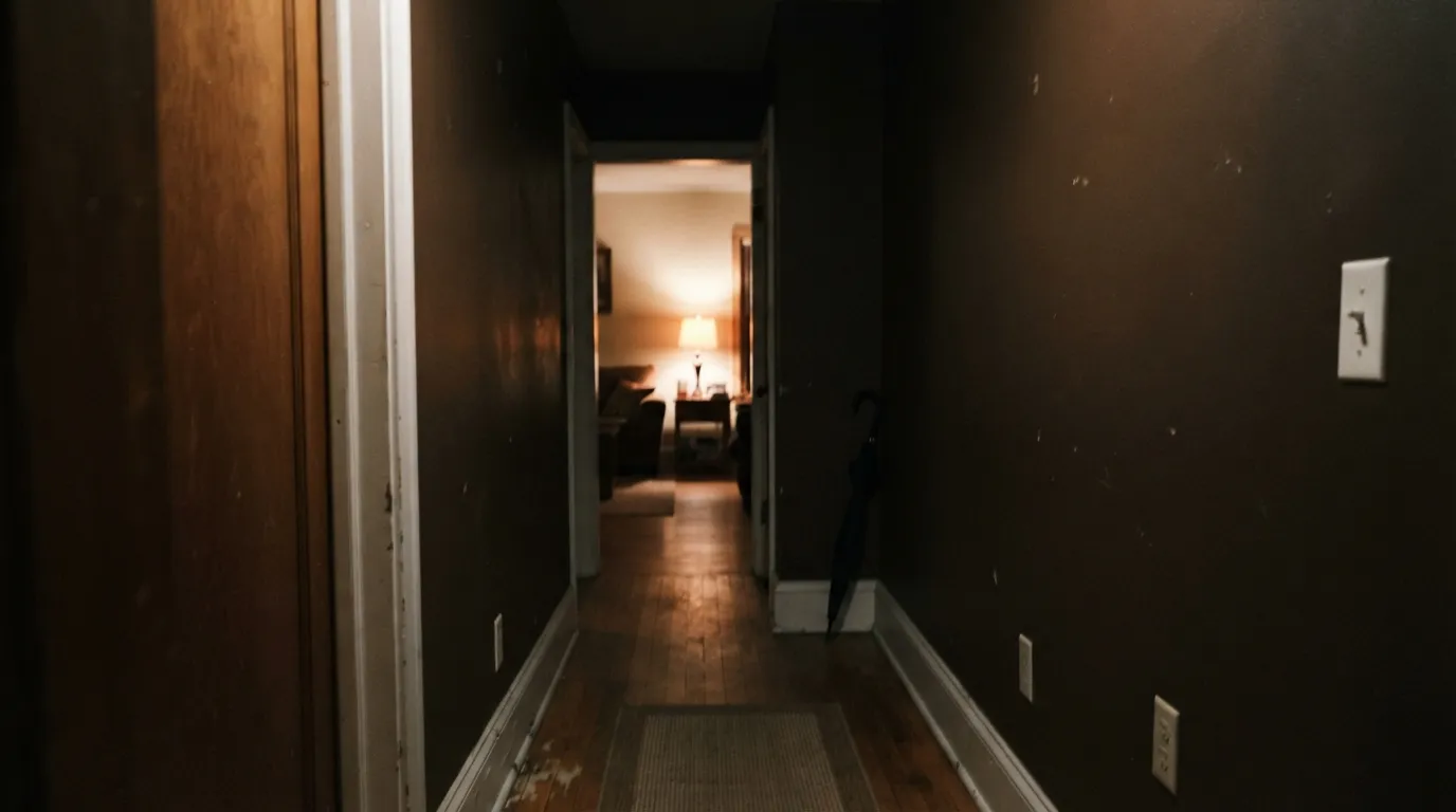 The honest shot: no daylight, no lamp, and the brown drops to near-black — exactly what happens to any color this deep without light to give it back.