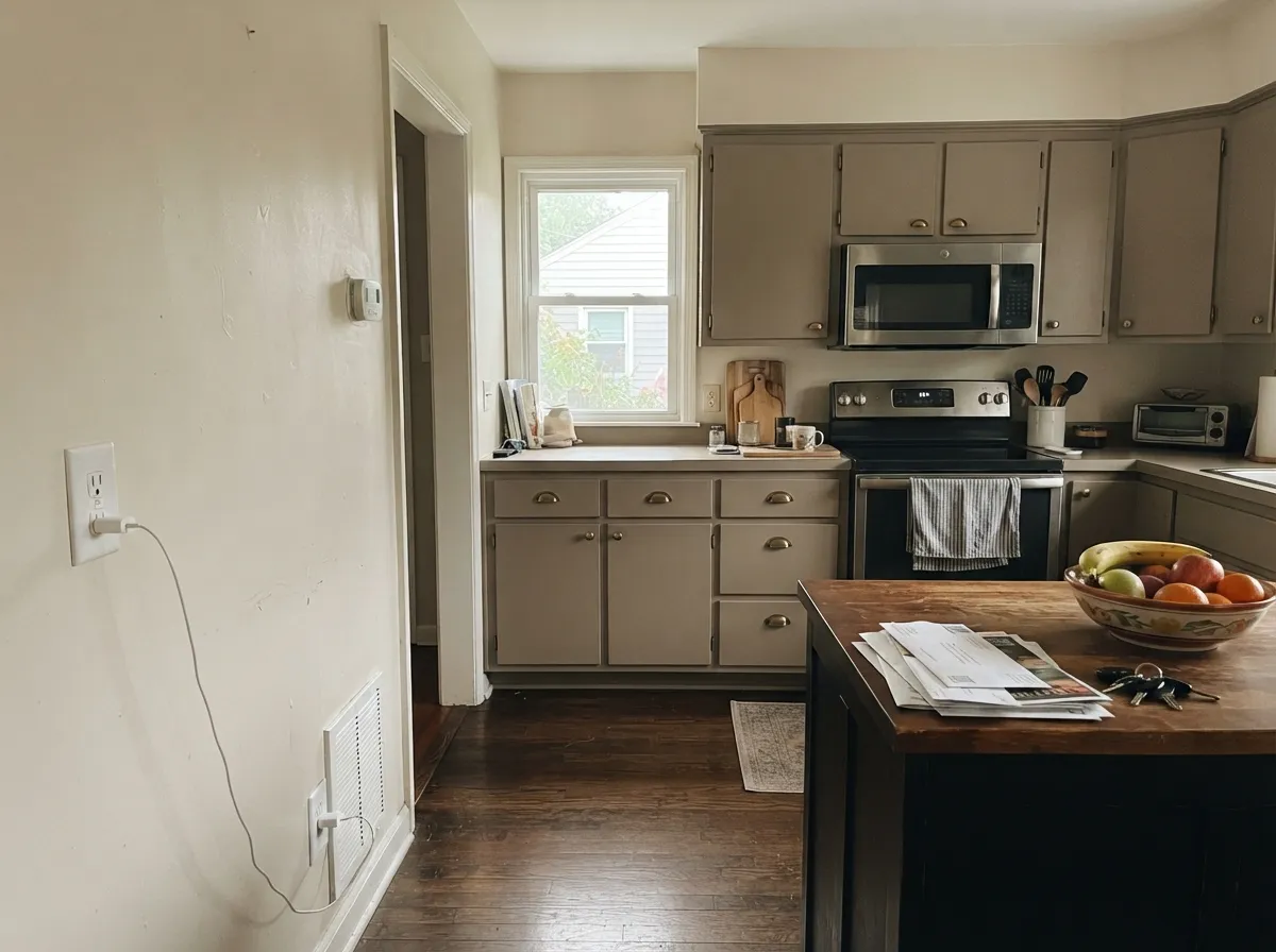 The matching Semi-Gloss on cabinets, against cream walls — the pairing keeps the taupe from reading heavy.