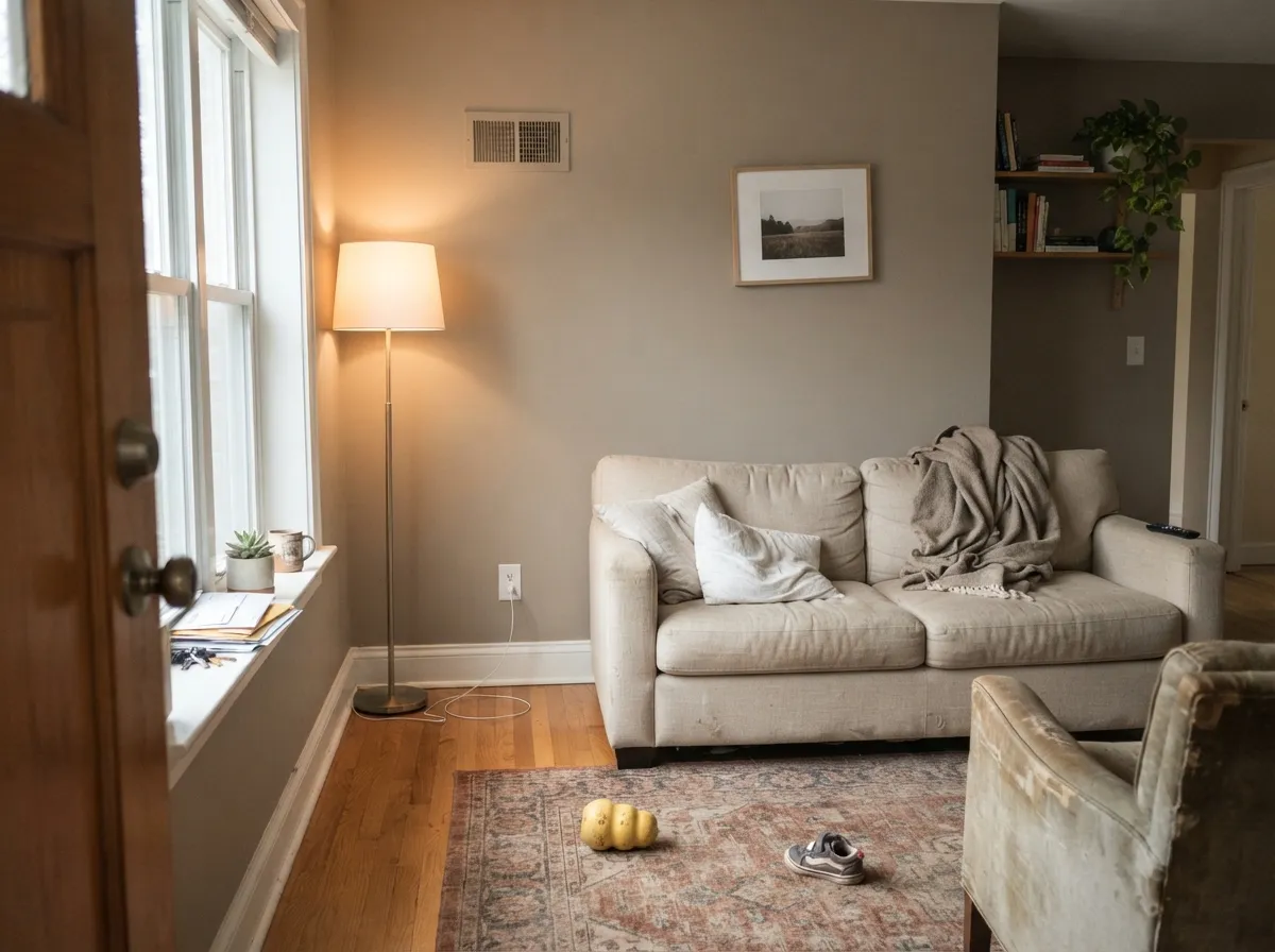 In real daylight the color reads as a grounded warm neutral, not plain beige — White Dove trim keeps the edge soft.