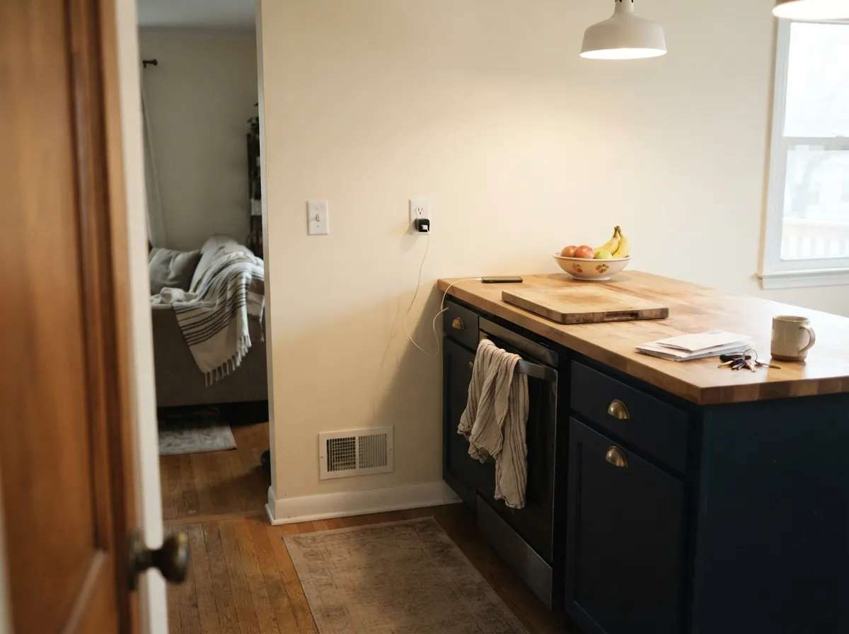 With a navy island and brass hardware, the warm cream stops looking generic and starts doing real work.