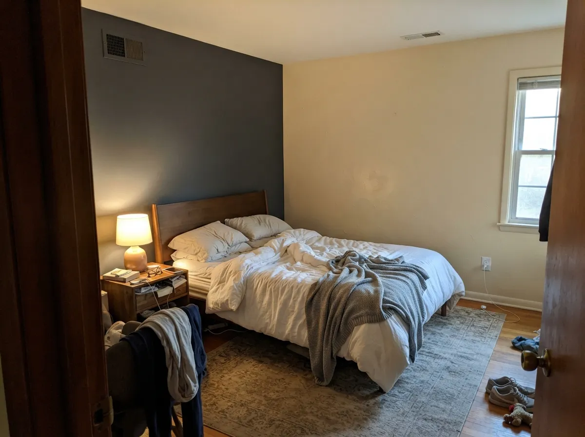 Under a warm lamp with one charcoal accent wall, the cream turns cozy instead of plain.