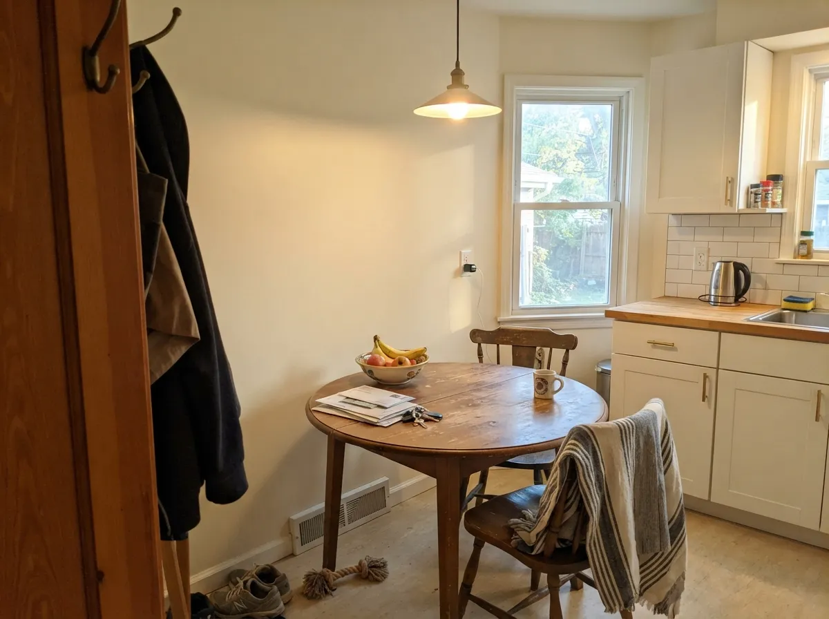 With warm wood and brass in the kitchen, the cream settles into exactly the role Backdrop built it for.