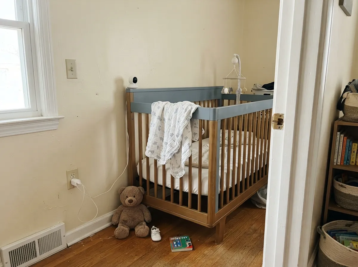 A soft nursery pairing: the cream stays gentle and non-clinical next to Backdrop's own dusty-blue Lost in the 80s.