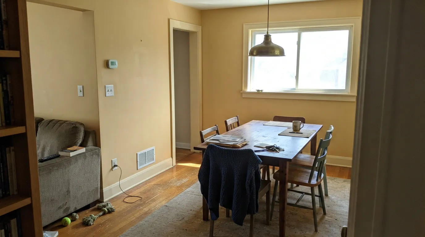 Eames in the light it was mixed for — a honey-gold dining room with walnut and cream trim, clearly yellow on purpose.