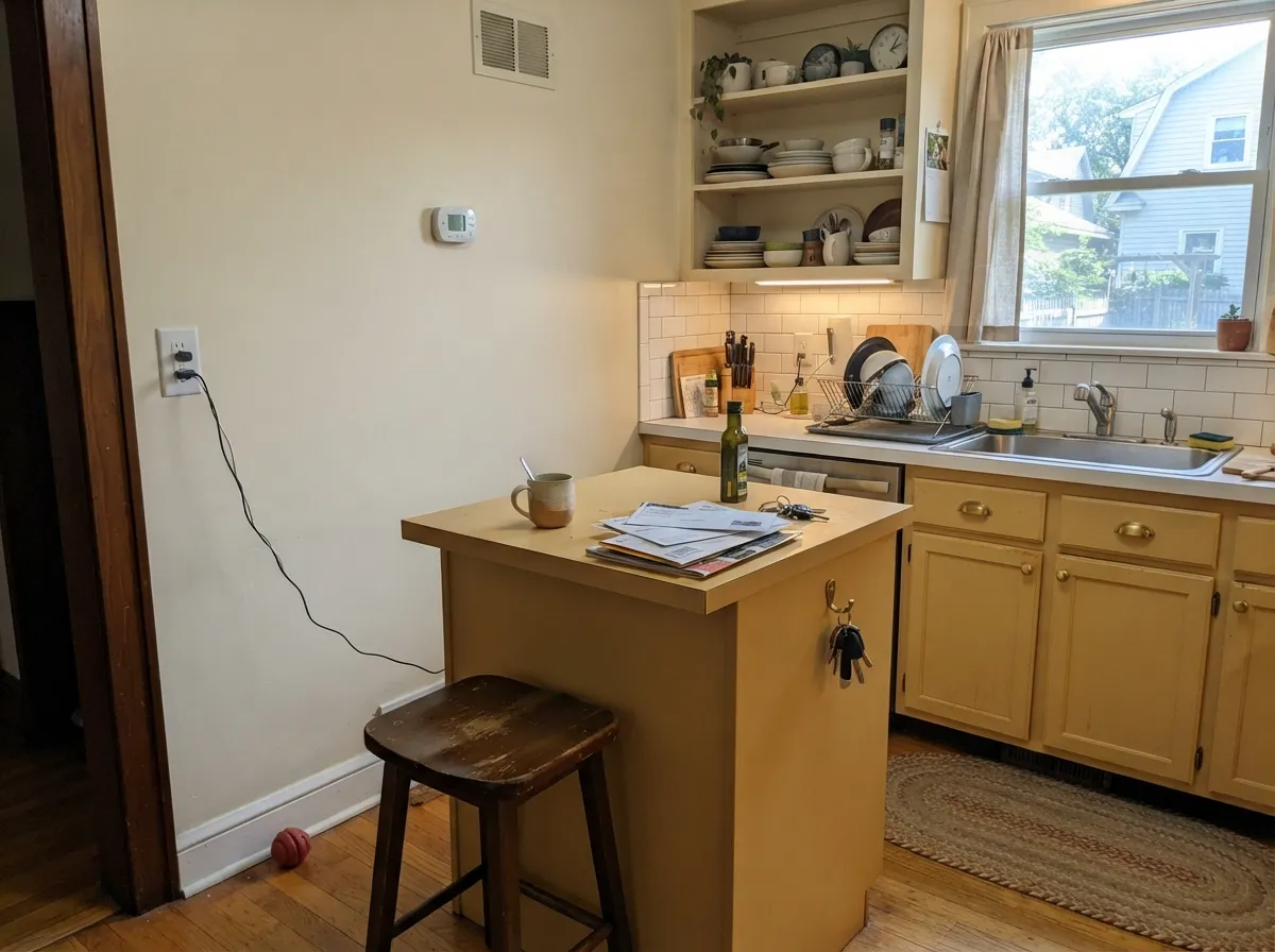 The dose that works: Eames on the lower boxes under cream walls — mid-century kitchen without painting the whole room gold.