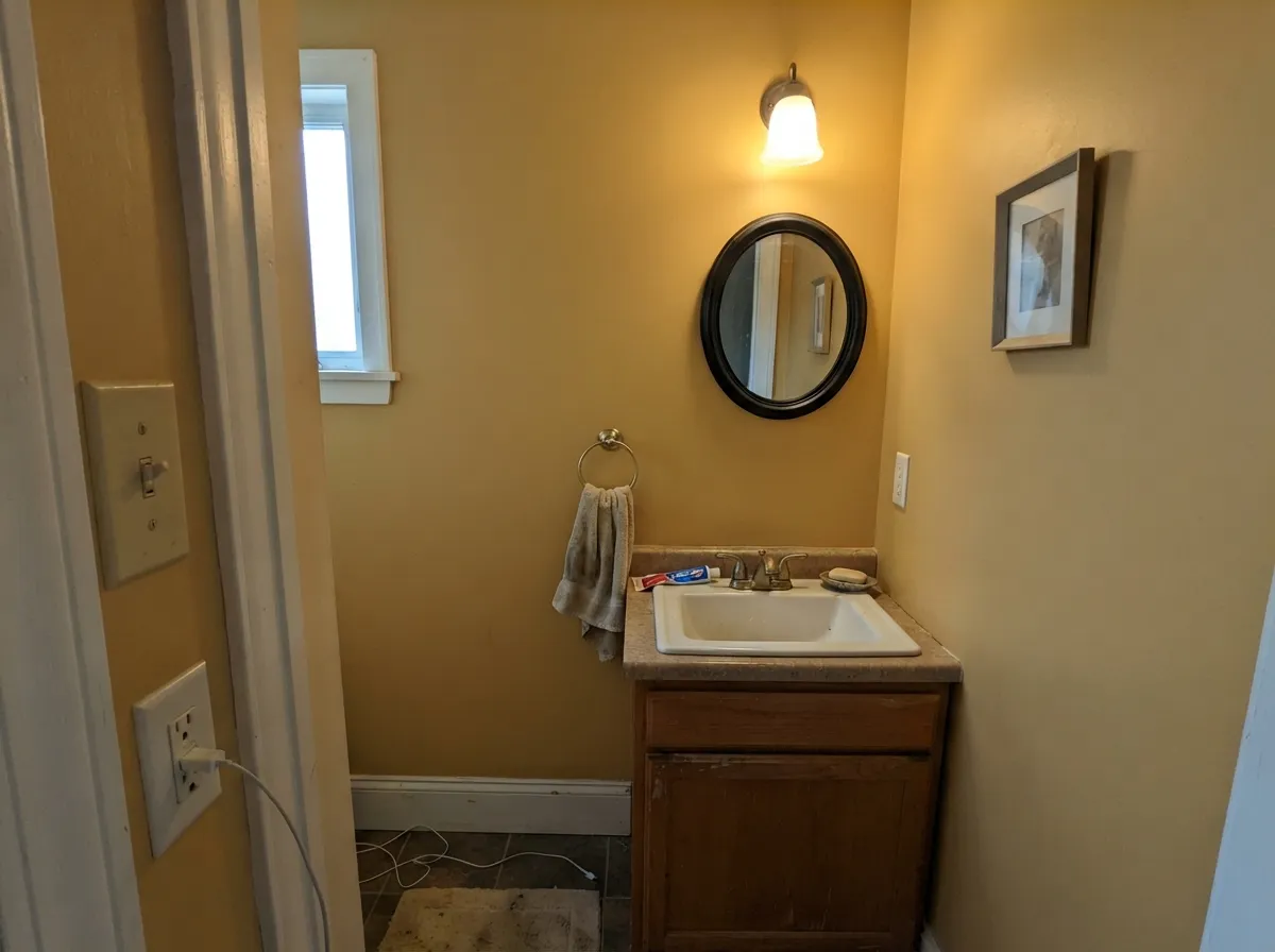 Small room, full commitment: Eames as a powder-room drench under warm light, jewel-box instead of highlighter.