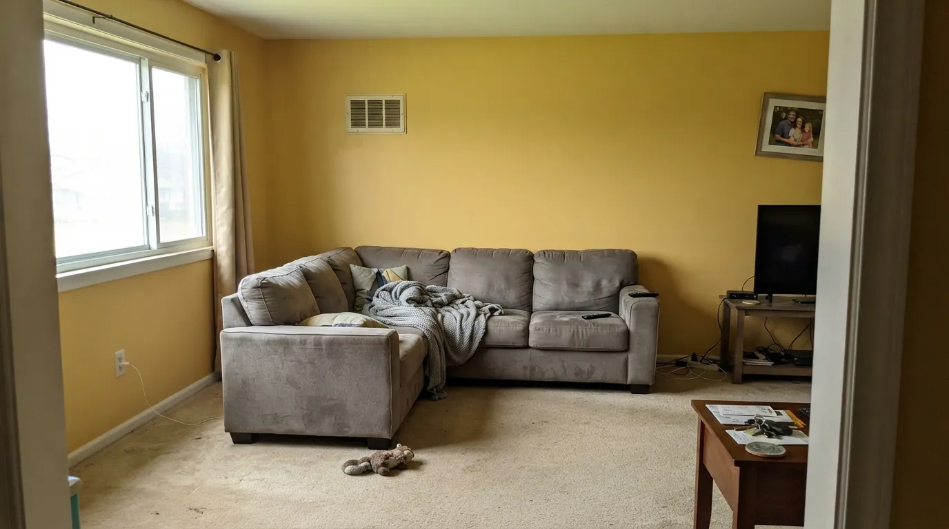 The honest shot: four walls of Eames when someone wanted a warm beige — it is a yellow room, and the gray sofa loses.