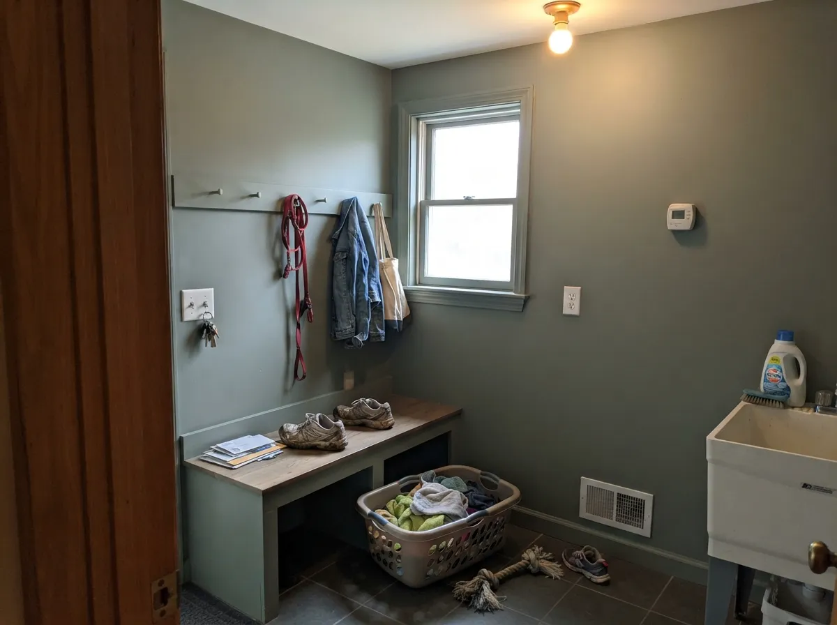 In a mudroom it reads workaday and quiet — dark enough to hide the daily scuffs.