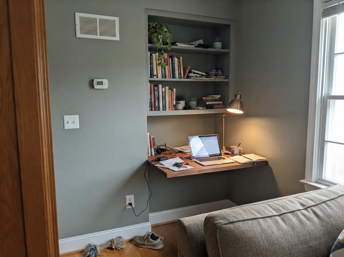 Behind open shelving with a warm desk lamp on, the color leans quietly green instead of gray.