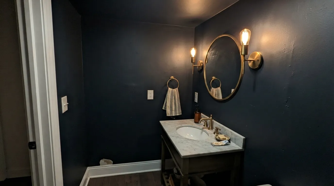 Hocus Pocus drenched floor to ceiling in a small powder room — the job it's built for, with a warm sconce keeping the blue-black from going flat.