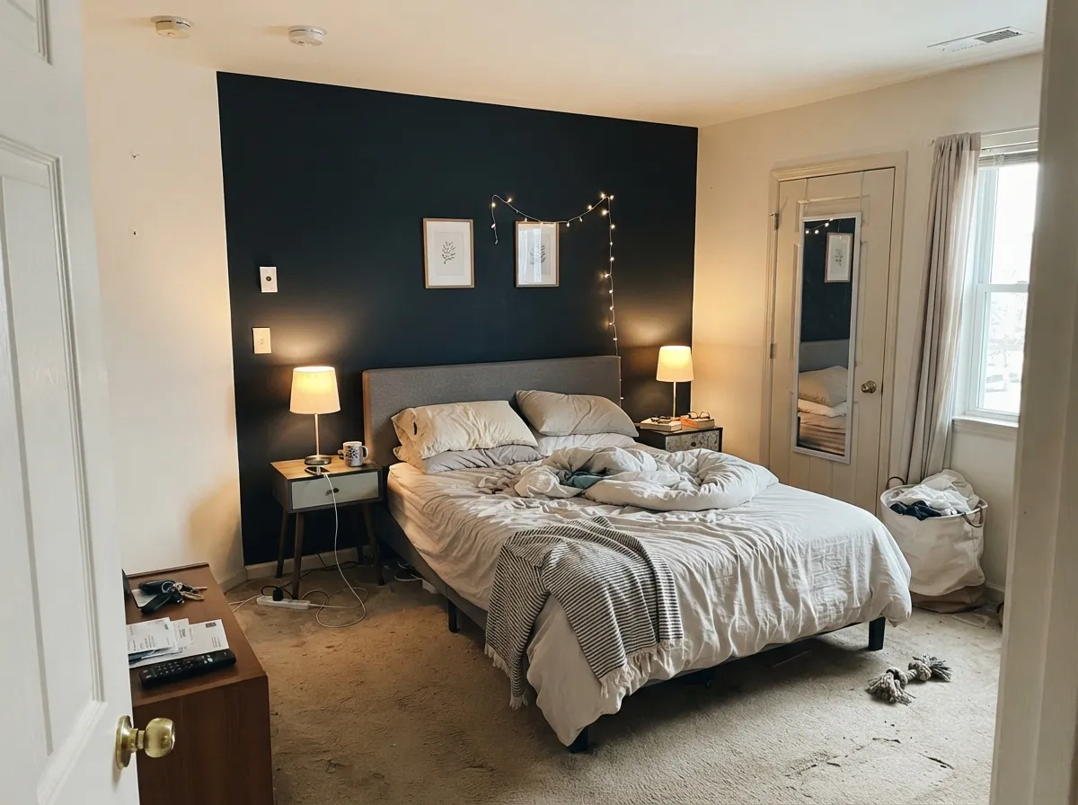 One accent wall behind the headboard, warm lamps either side — the classic near-black bedroom move, without eating the whole room's light.