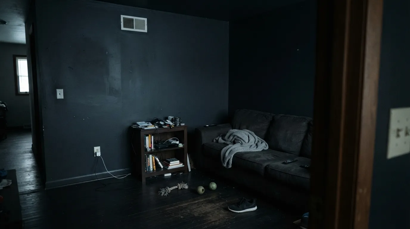 The honest shot: four walls, no real light source, lamps still off. This is the setup behind every 'the room felt like a cave' complaint about a true black this dark.
