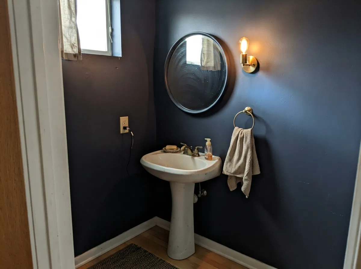 A small, lit powder room is the color's other natural home — deep enough to feel dramatic, small enough to never go flat.