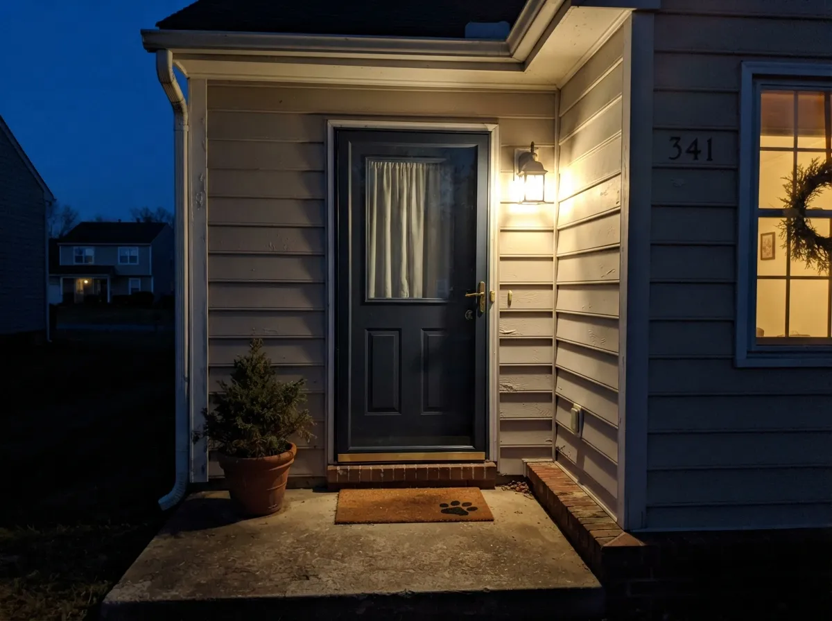 Against a warm greige body and a porch light on, the near-black door reads blue-charcoal, not flat black.