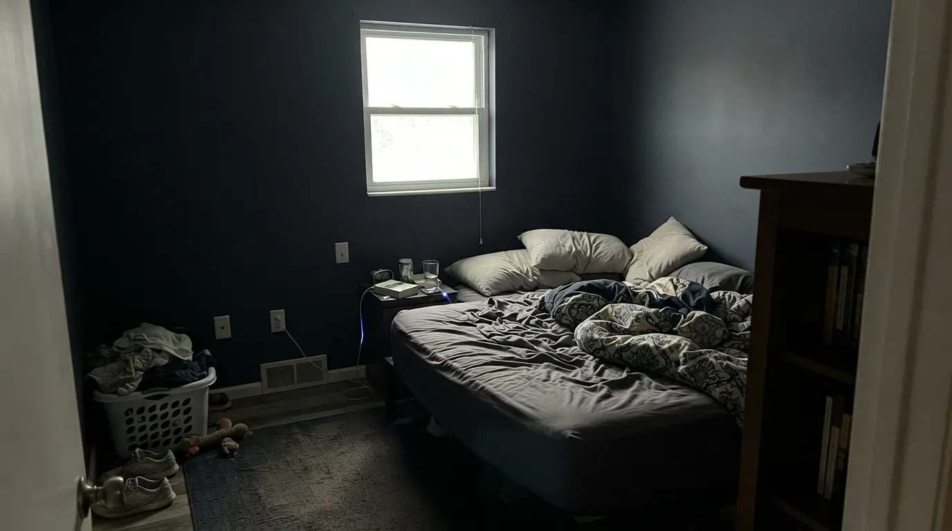 The honest shot: four walls, no lamp, overcast light — the blue disappears and it just reads black.