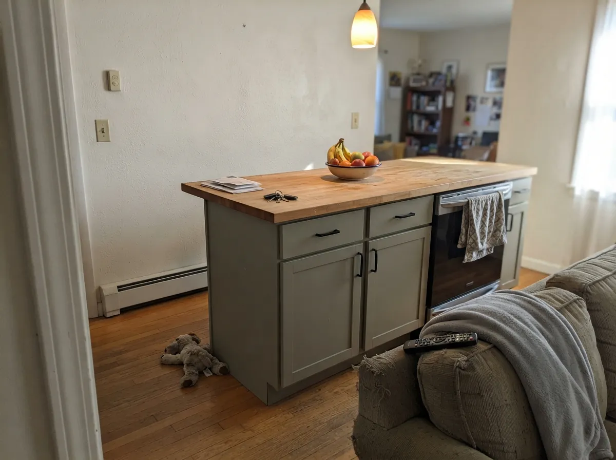 The color's strongest room: a sage island against butcher block and black hardware, the pairing it was practically built for.