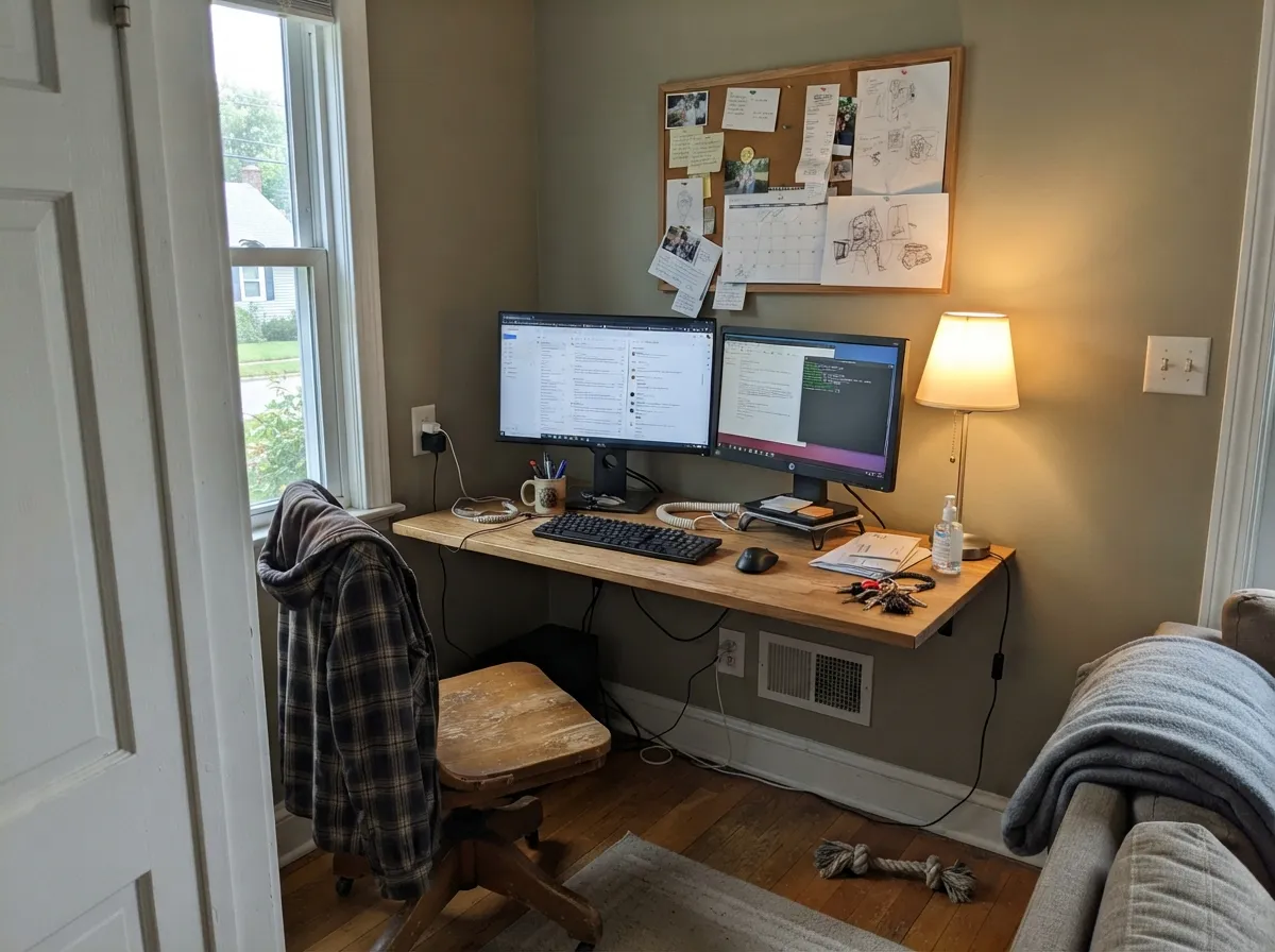 In a quiet office with mixed light, the warm sage settles down instead of competing with the screens.