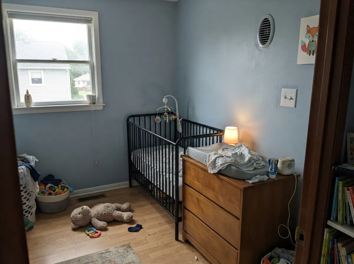 Gender-neutral and bright enough for a nursery — LRV 51 keeps the room from feeling closed in.