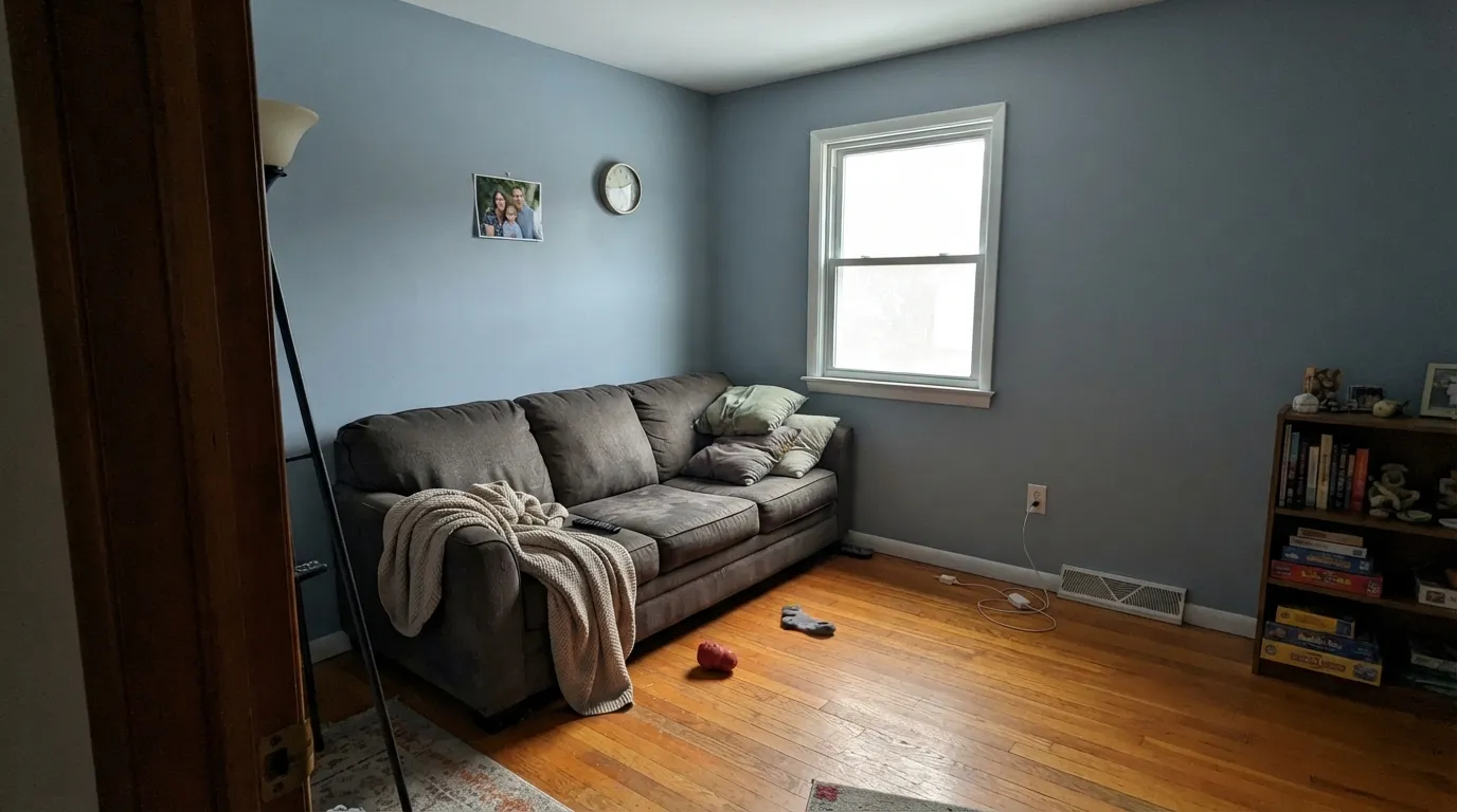 The honest shot: cool north light drains the blue toward chalky gray, and honey oak floors push it further off — the exact combination behind the flattest reviews.