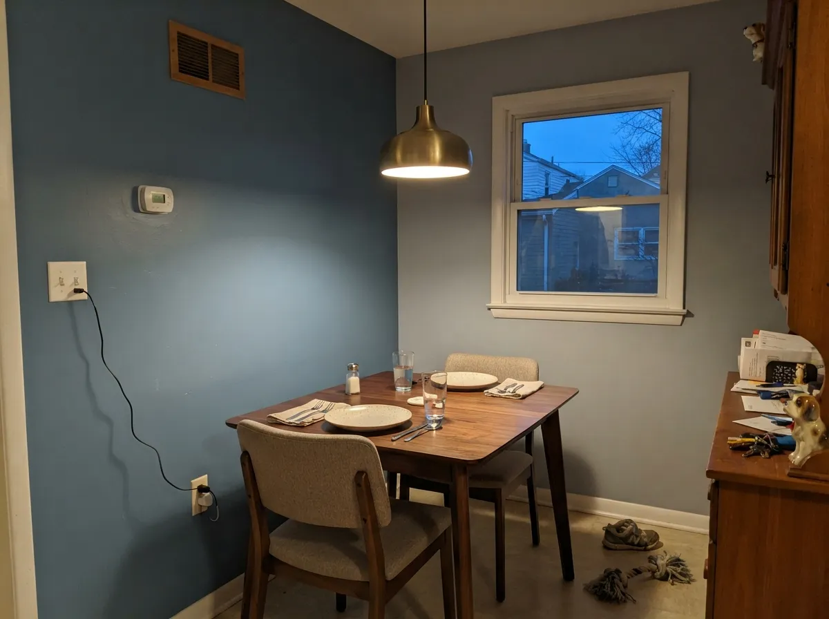 Under a brass fixture at dinner hour the color turns rich and velvety — this is the room it was built for.