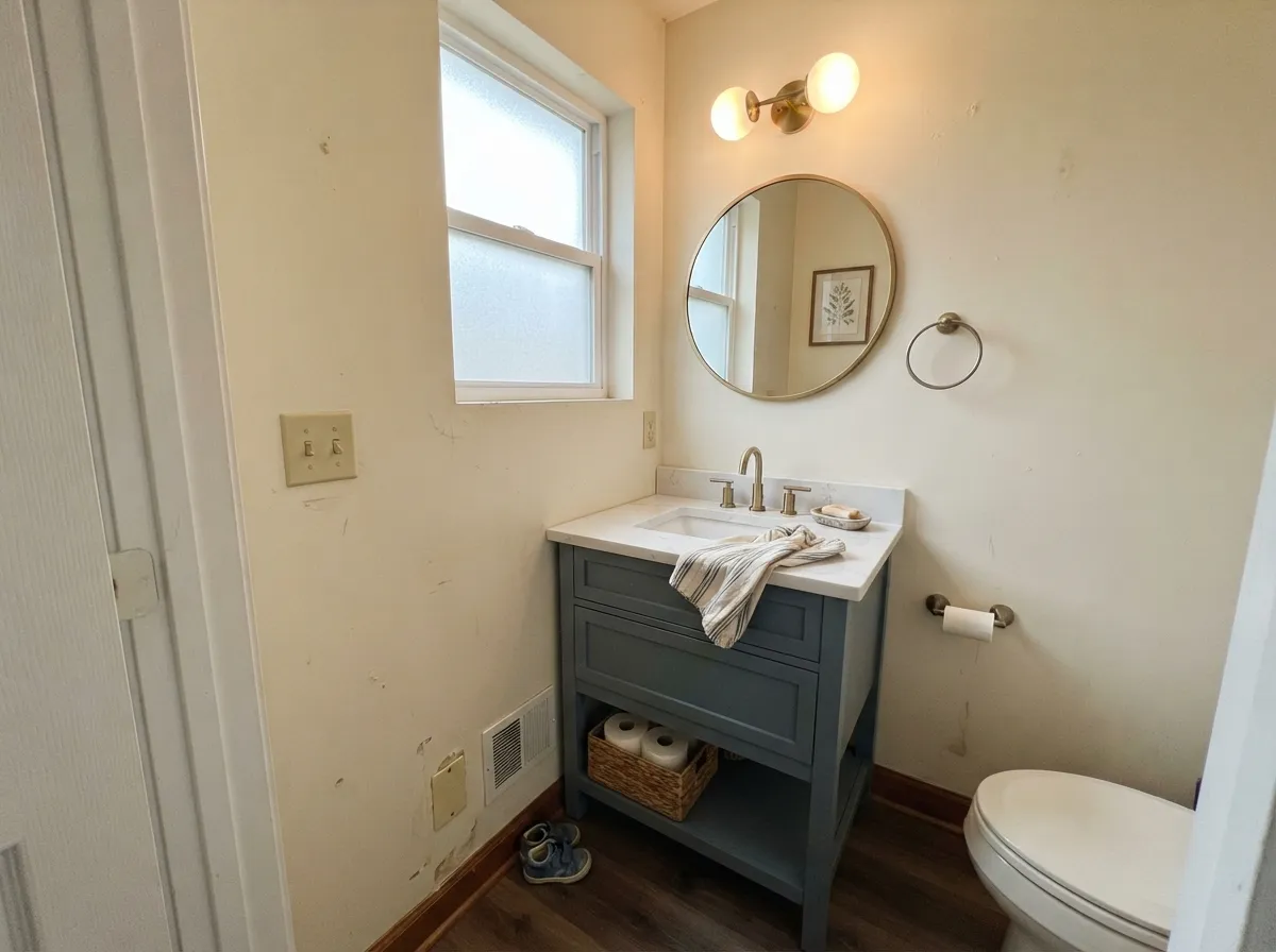 The small-commitment version: a Mom Jeans vanity under cream walls looks custom without repainting the whole room.
