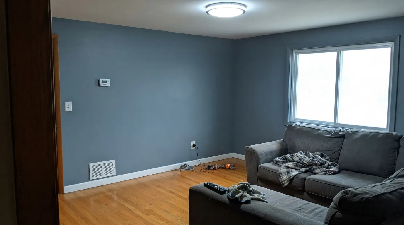 The honest shot: cool LEDs and honey oak floors together drain the blue and leave a flat, clashing gray — the exact combination to avoid.