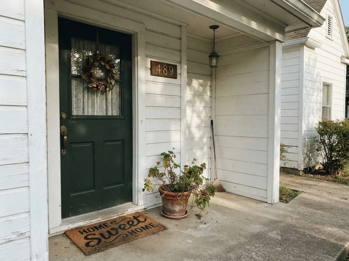 A single front door gets the daylight this color needs — against a white house it reads as a deliberate, expensive near-black-green.