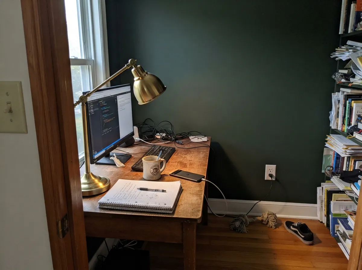 Under a warm lamp and against walnut furniture, the green reads moody and deliberate — its natural habitat after dark.